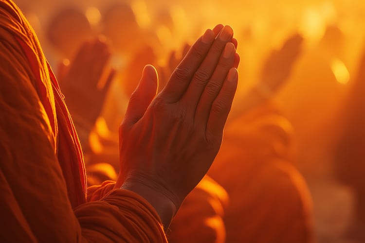 An image of a Buddhist monk with hands in prayer mudra - a symbol of the bodhisattva vow